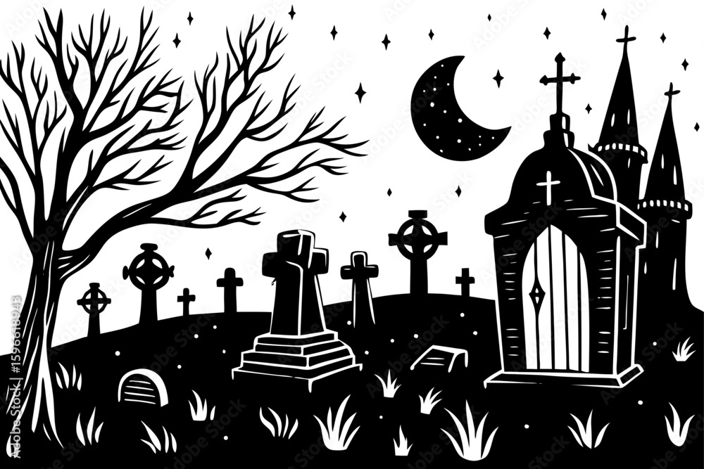 Obraz premium Graveyard Scene with Floating Nighttime Candles vector illustration