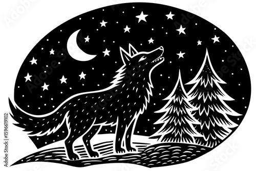 Howling Wolf on a Starry Halloween Night vector illustration