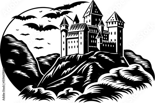 Vampire Castle on a Cliff at Night vector illustration