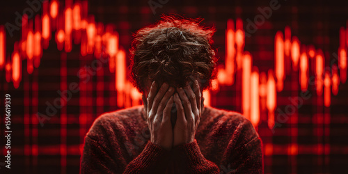 Economic Downturn: A man embodies the overwhelming feeling of financial downturn amidst a backdrop of a falling stock market graph.