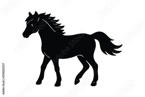 Elegant Black Horse Silhouette Walking with Mane and Tail Flowing Gracefully
