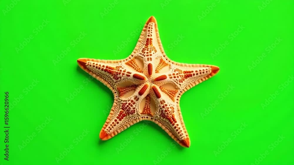 Detailed starfish with orange accents against a vibrant green screen backdrop. Summer vibes Detailed starfish with orange accents against a vibrant green screen backdrop. Summer vibes