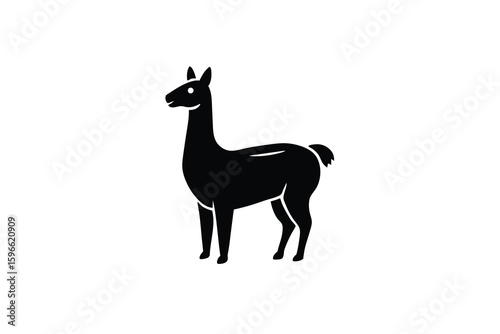 Simple Black Silhouette of a Llama Standing on a White Background