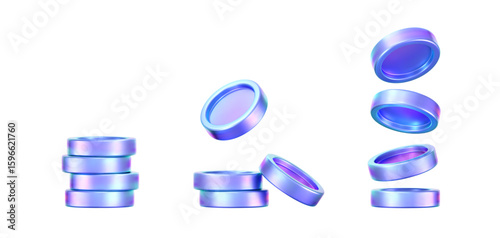 3D holographic coin stack with purple neon effect, isolated on a dark background. Render of iridescent chrome coin pile, game token, casino chip, digital currency, or treasure. 3D vector illustration