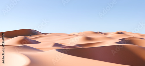 3D realistic sand dunes landscape with hills and hot summer terrain. Render of desert dune or beach with sandy texture and blue sunset sky. Product podium and summer sale concept. 3D realistic vector