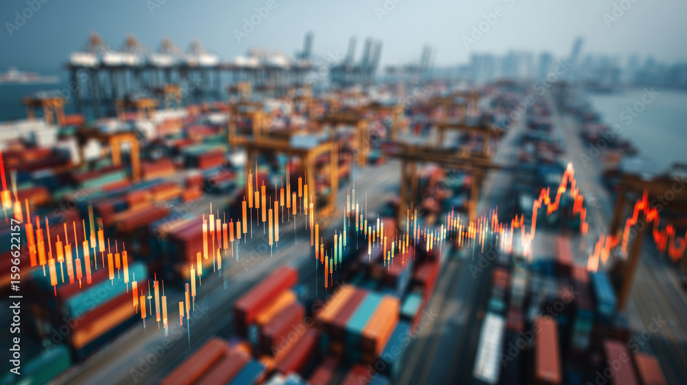 Obraz premium Financial data chart overlaying cargo containers at a port. Represents global trade, logistics, market trends, and economic growth in the shipping and supply chain industry.