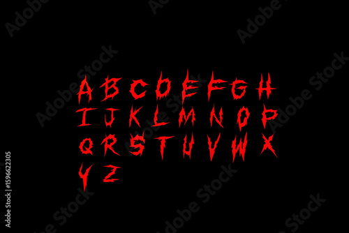 Tattoo-style alphabet font with thorny, flame-like Y2K rock design, vector template. Grunge Street Art style alphabet font. Death Metal, Rock, or Gothic-style lettering for t-shirt prints and textiles