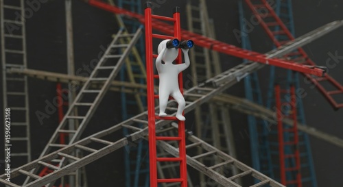 Figure looking through binoculars on ladder