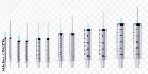 Set of medical syringe different volume, icon isolated on white background, hospital injection equipment.Pharmacy healthcare treatment, plastic tool with needle. 3D realistic vector illustration