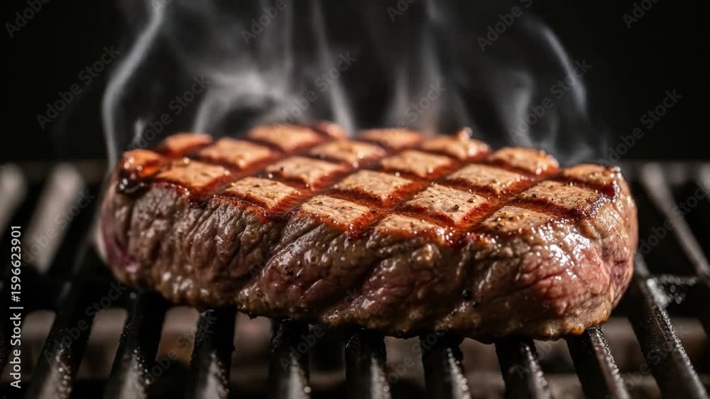 Delicious steak grilling over flames with beautiful grill marks and smoke effect