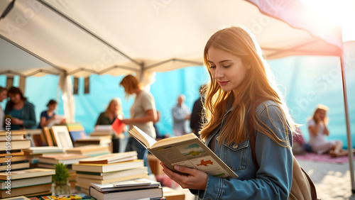 Book Fair Picnic with Young woman browsing books, indie fair, cozy tent, documentary, morning sun, soft blue background (dynamic)