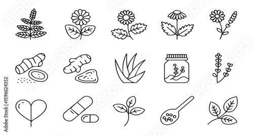  Natural & Herbal Medicine Line Art Icons: Wellness, Organic, and Plant-Based Health Symbols