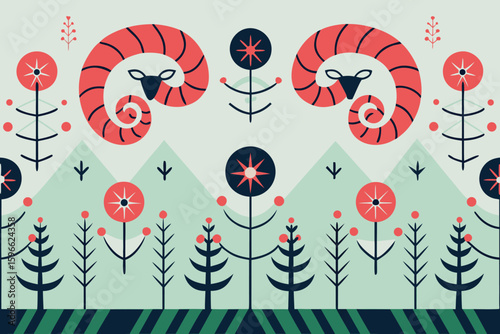 Stylized ram heads with floral motifs and mountain landscape floral patterns geometric