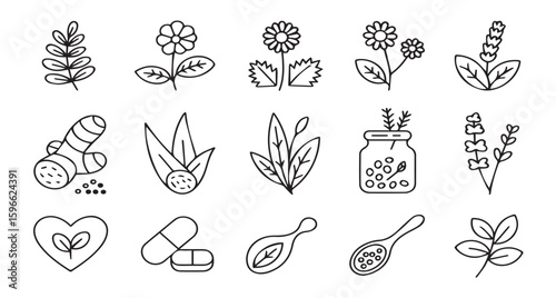  Natural & Herbal Medicine Line Art Icons: Wellness, Organic, and Plant-Based Health Symbols