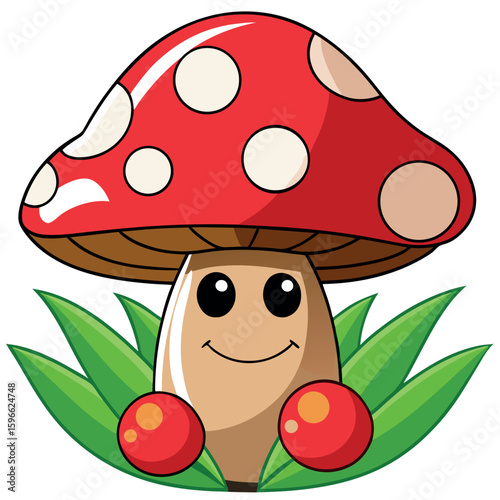 Smiling cartoon mushroom character sits among grass and berries over a transparent background