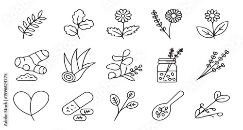  Natural & Herbal Medicine Line Art Icons: Wellness, Organic, and Plant-Based Health Symbols