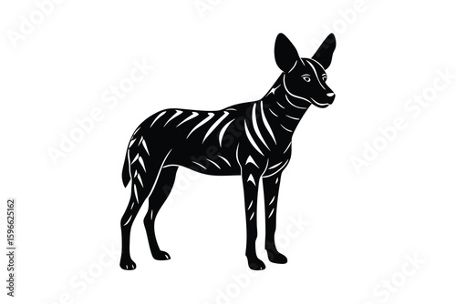 Black and White Silhouette Illustration of an African Wild Dog Standing