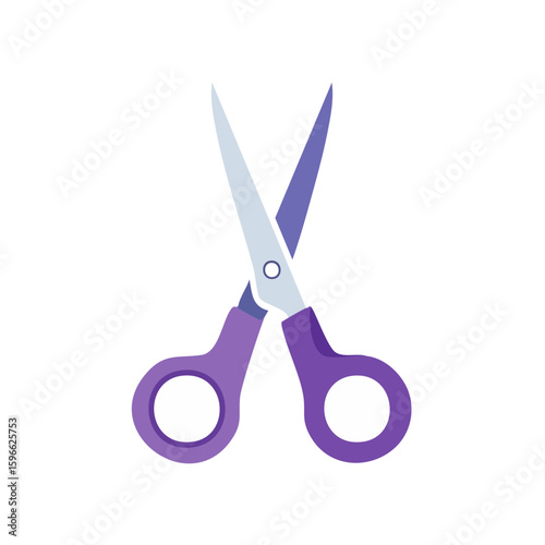 Stylized scissors with purple handles on a black background, cutting or crafts tool.