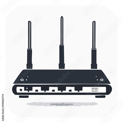 Black wireless router illustration with three antennas isolated on white background Connectivity and network device for home or office