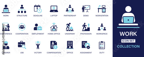 Work icon set collection. Structure, deadline, laptop, partnership, demo, workstation, conference, cooperation, employment, home office. And solid icon set.