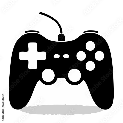 Video game controller icon above mountain design, black and white gaming vector logo