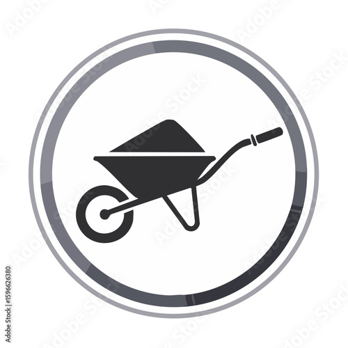 Wheelbarrow with dirt, icon. Simple round symbol of construction tool for gardening and building isolated on black.