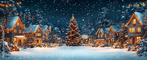 Festive winter village scene with christmas tree and illuminated houses under snowfall
