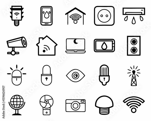 An icon set featuring duotone icons depicting smart home devices and functions. Think smart lighting, thermostats, security cameras, voice assistants, smart plugs, robotic vacuums, smart doorbells,