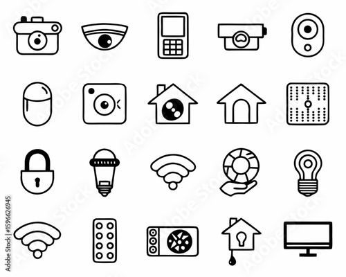 An icon set featuring duotone icons depicting smart home devices and functions. Think smart lighting, thermostats, security cameras, voice assistants, smart plugs, robotic vacuums, smart doorbells,