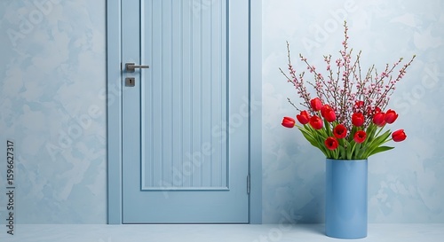 A bouquet of red tulips and white flowers in a blue vase next to a light blue door