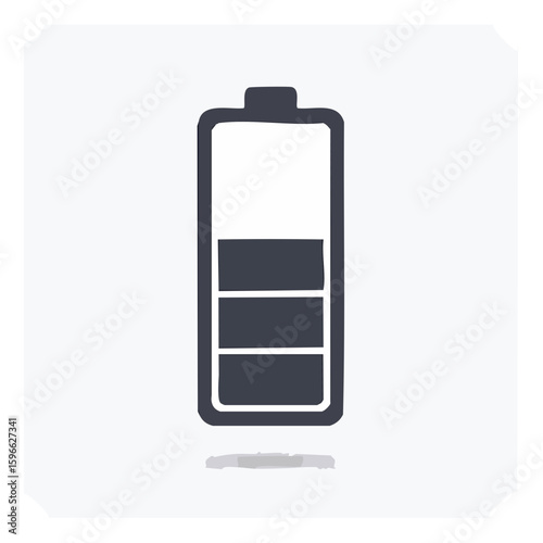 Battery icon graphic design with a half full charge level and shadow. Energy and power symbol for device or technology.