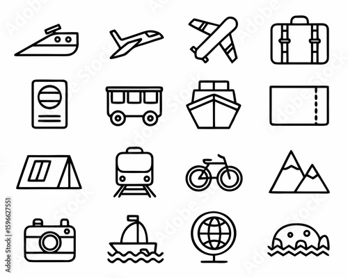A vibrant set of outline icons for modern travel and tourism. Include icons for various modes of transport (airplane, train, car, scooter), popular landmarks (generic representations), travel activity