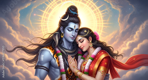 Beautiful spiritual artwork of Lord Shiva and Goddess Parvati surrounded by divine light and cosmic clouds representing eternal love divinity marriage purity blessings energy