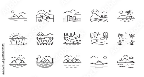 Nature Landscape and Outdoor Activity Line Icons Set - Vector Illustrations for Travel & Environment

