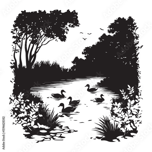 Duck pond scene silhouette, Swimming duck silhouette black vector, detailed duck illustration on serene, a duck floating on a pond silhouette
