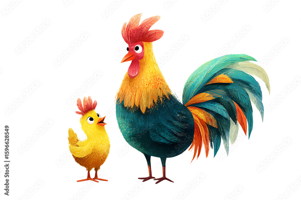 Fototapeta premium Rooster and chick, vibrant colors