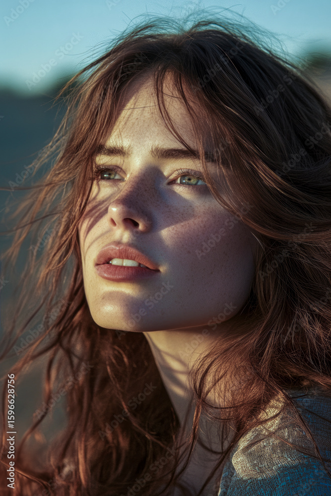 Fototapeta premium Beautiful freckled model posing with long red hair at sunset