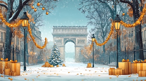 Winter scene of the arc de triomphe in paris decorated for the christmas holidays