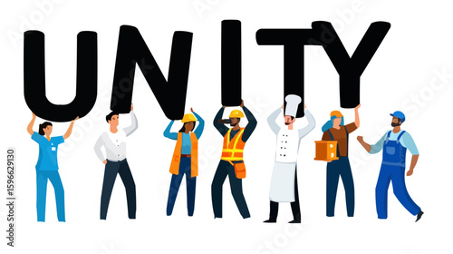 Unity word held by diverse group vector