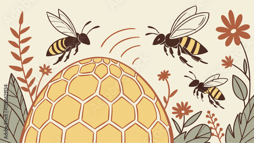 Bees flying around a beehive surrounded by flowers and plants in a warm and inviting scene outdoors