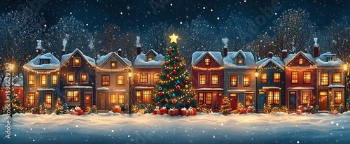 Festive christmas scene showcasing decorated houses illuminated by street lamps and a glowing christmas tree