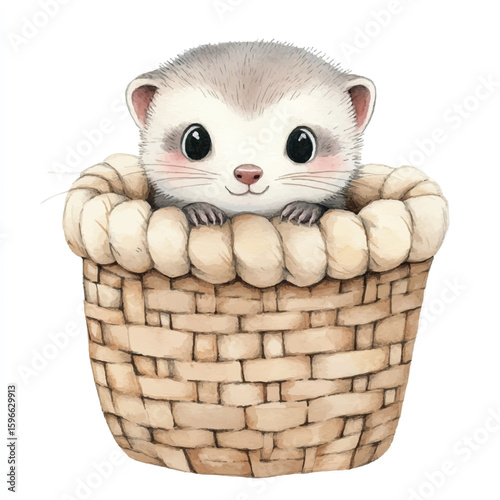 Cute Ferret Peeking from a Woven Basket