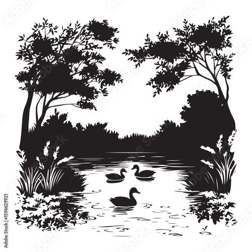 Duck pond scene silhouette, Swimming duck silhouette black vector, detailed duck illustration on serene, a duck floating on a pond silhouette