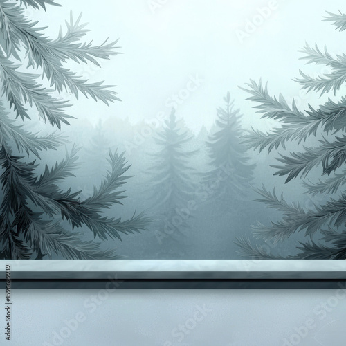 Soft frosted window with pine branches framing misty forest background, evoking calm and chilly winter atmosphere