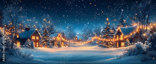 Cozy winter village scene illuminated with warm lights and falling snowflakes during evening