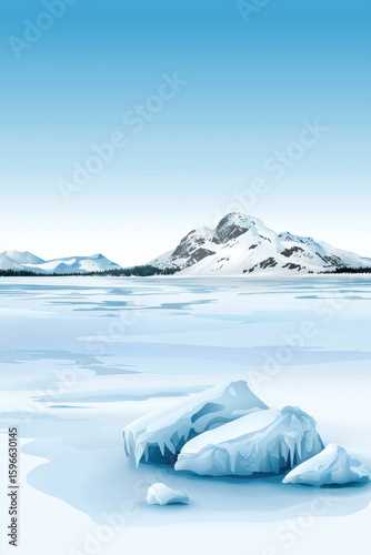 Frozen lake with snow covered rocks and distant mountain under clear blue sky in winter landscape
