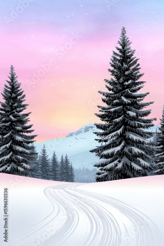 Snowy winter landscape with tall pine trees and mountain under pastel pink and blue sky at sunset, peaceful and serene scene