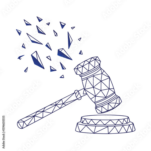 Broken Justice: Graphic Illustration of a Gavel Shattering, Representing Legal Disruption and Reform with Conceptual and Symbolic Meaning, and a Line Art Style.