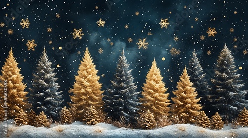 Winter forest scene with golden christmas trees and sparkling snowflakes in festive atmosphere