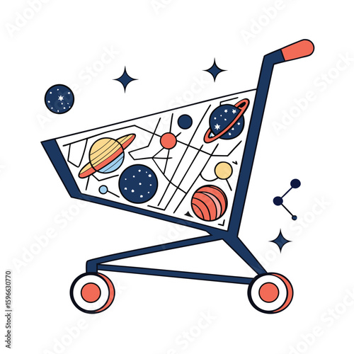 Shopping Cart Filled with Planets and Stars: A Cosmic Shopping Spree, Galaxy Shopping, Outer Space Retail, Universe Shopping Concept